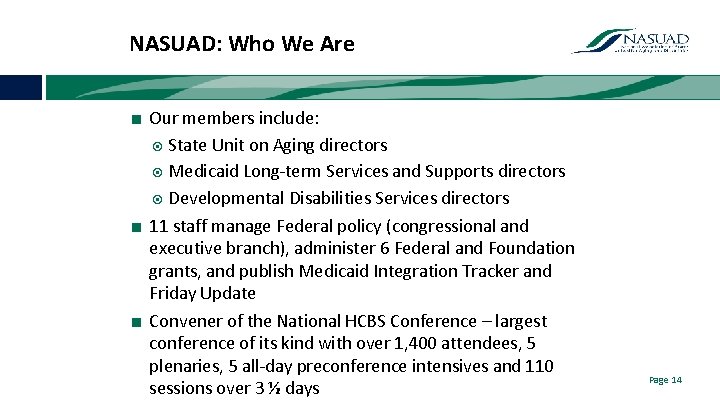 NASUAD: Who We Are ■ Our members include: State Unit on Aging directors Medicaid