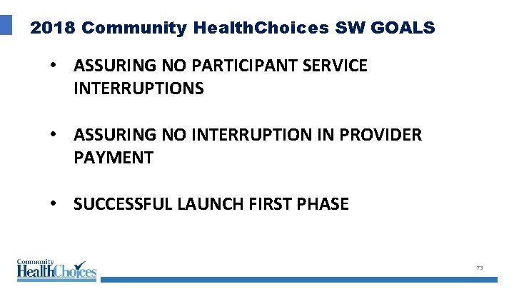 2018 Community Health. Choices SW GOALS • ASSURING NO PARTICIPANT SERVICE INTERRUPTIONS • ASSURING