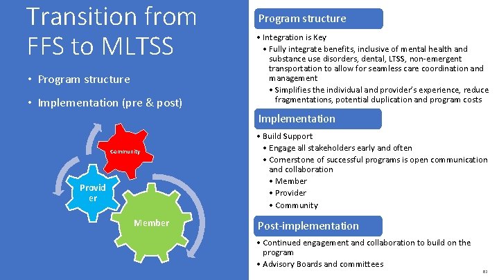 Transition from FFS to MLTSS • Program structure • Implementation (pre & post) Program