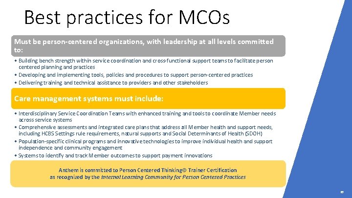 Best practices for MCOs Must be person-centered organizations, with leadership at all levels committed