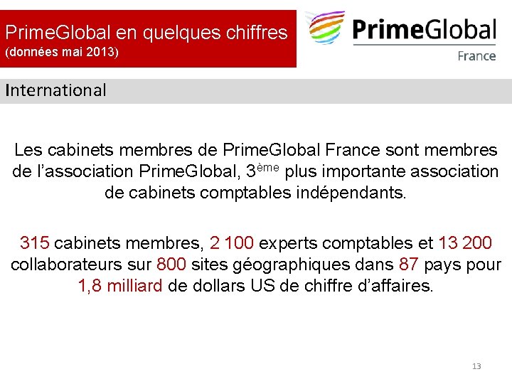 Prime. Global en quelques chiffres (données mai 2013) International Les cabinets membres de Prime. Prime. Global en quelques chiffres (données mai 2013) International Les cabinets membres de Prime.