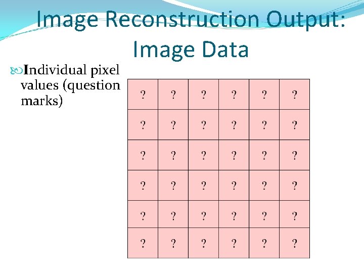 Image Reconstruction Output: Image Data Individual pixel values (question marks) Image Reconstruction Output: Image Data Individual pixel values (question marks)