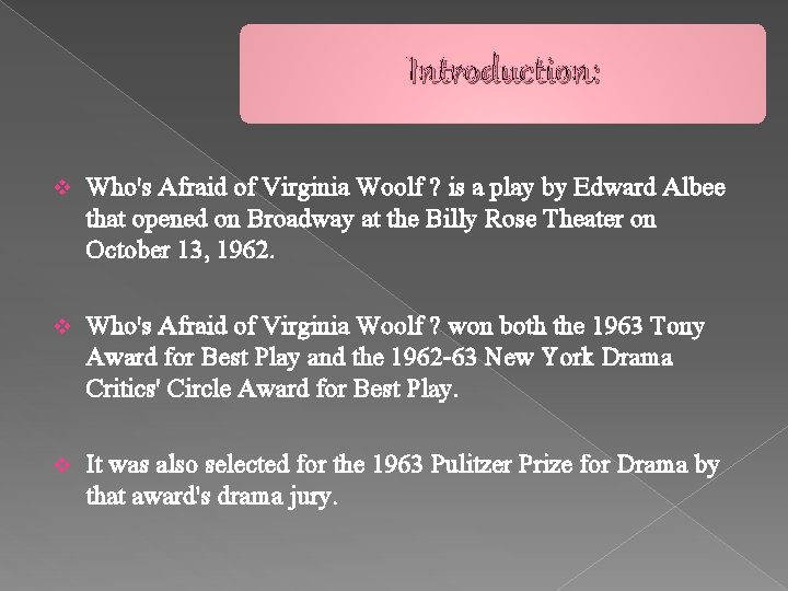 Introduction: v Who's Afraid of Virginia Woolf ? is a play by Edward Albee Introduction: v Who's Afraid of Virginia Woolf ? is a play by Edward Albee