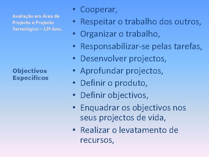 Avaliação em Área de Projecto Tecnológico – 12º Ano. Objectivos Específicos Cooperar, Respeitar o