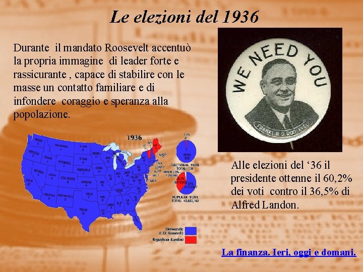 Le elezioni del 1936 Durante il mandato Roosevelt accentuò la propria immagine di leader