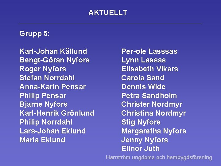 AKTUELLT Grupp 5: Karl-Johan Källund Bengt-Göran Nyfors Roger Nyfors Stefan Norrdahl Anna-Karin Pensar Philip