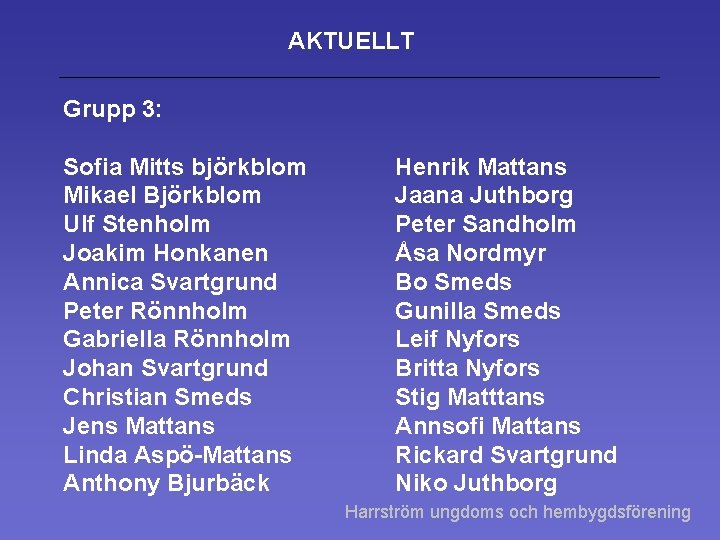 AKTUELLT Grupp 3: Sofia Mitts björkblom Mikael Björkblom Ulf Stenholm Joakim Honkanen Annica Svartgrund