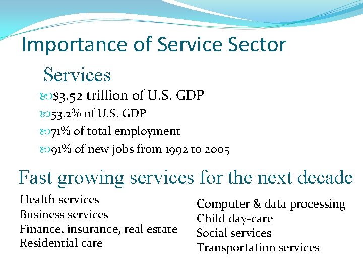 Importance of Service Sector Services $3. 52 trillion of U. S. GDP 53. 2%