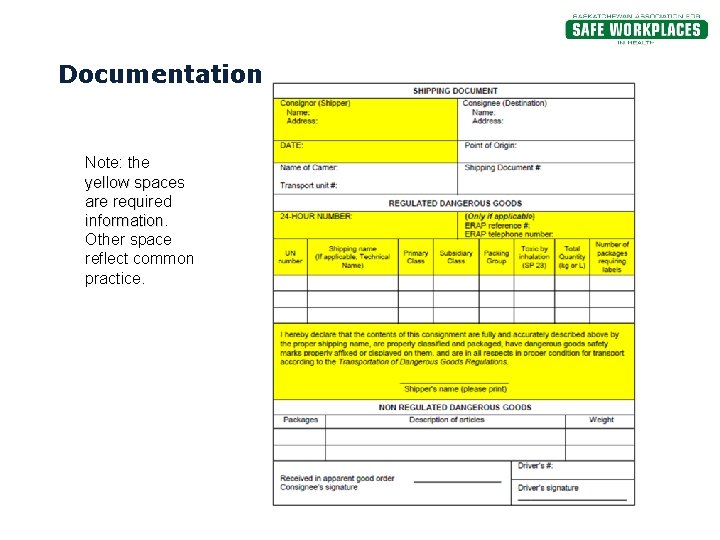 Documentation Note: the yellow spaces are required information Other space reflect common practice. 