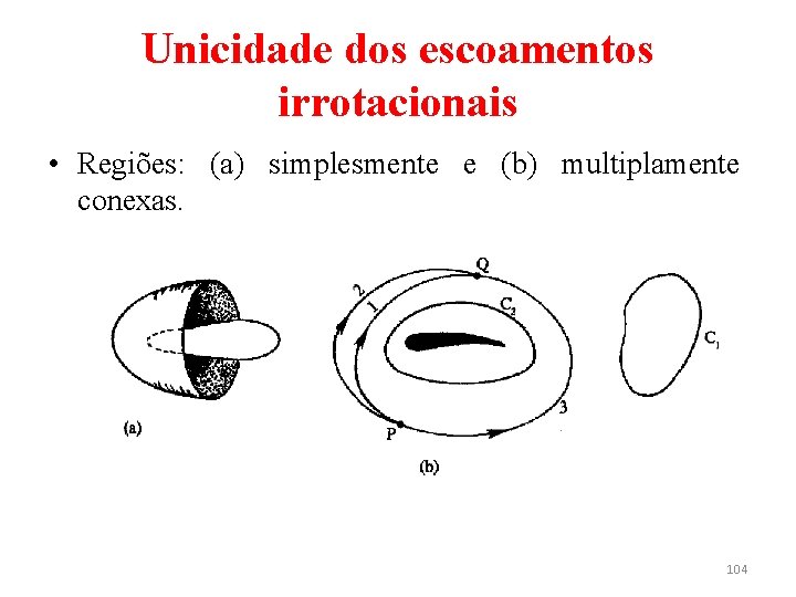 Unicidade dos escoamentos irrotacionais • Regiões: (a) simplesmente e (b) multiplamente conexas. 104 
