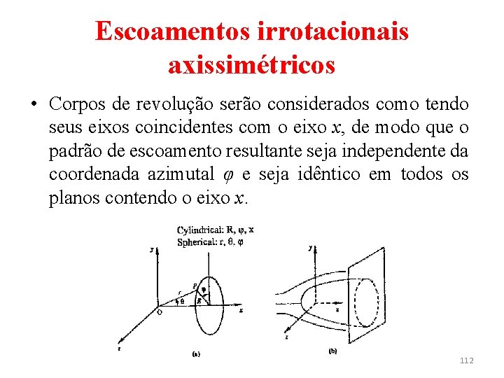 Escoamentos irrotacionais axissimétricos • Corpos de revolução serão considerados como tendo seus eixos coincidentes