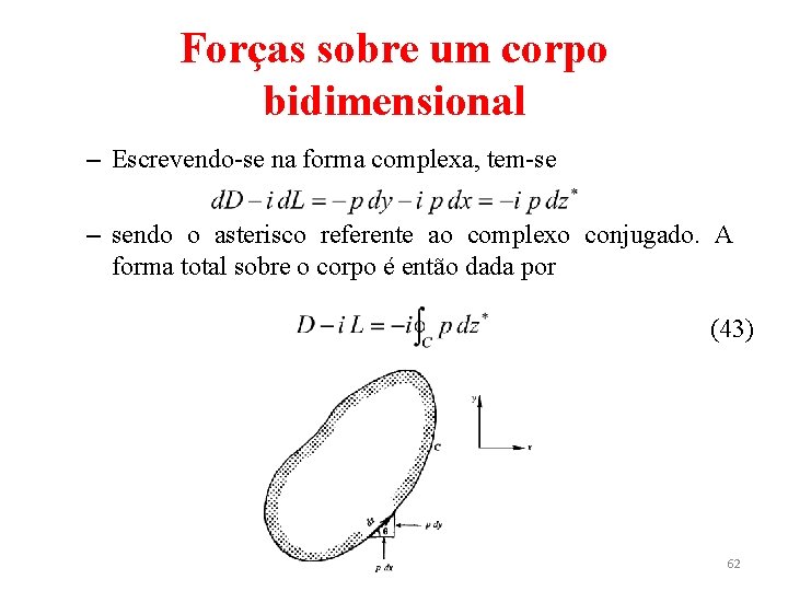 Forças sobre um corpo bidimensional – Escrevendo-se na forma complexa, tem-se – sendo o