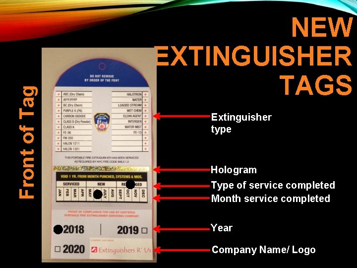 Front of Tag NEW EXTINGUISHER TAGS Extinguisher type Hologram Type of service completed Month Front of Tag NEW EXTINGUISHER TAGS Extinguisher type Hologram Type of service completed Month