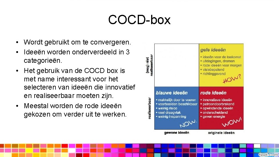 COCD-box • Wordt gebruikt om te convergeren. • Ideeën worden onderverdeeld in 3 categorieën.