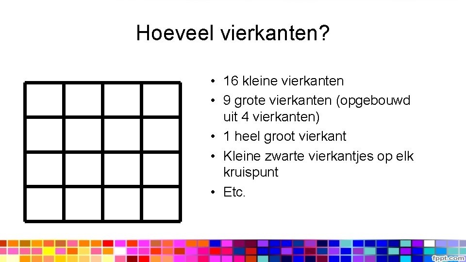 Hoeveel vierkanten? • 16 kleine vierkanten • 9 grote vierkanten (opgebouwd uit 4 vierkanten)