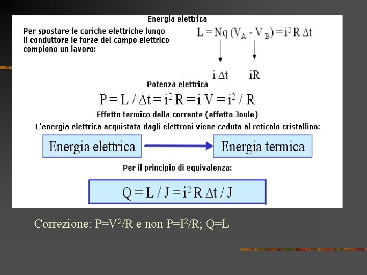 Correzione: P=V 2/R e non P=I 2/R; Q=L 