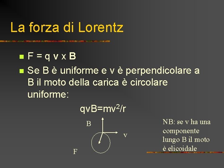 La forza di Lorentz n n F=qvx. B Se B è uniforme e v