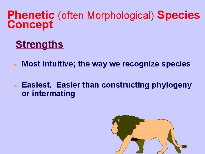 Phenetic (often Morphological) Species Concept Strengths n n Most intuitive; the way we recognize