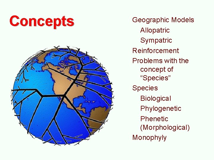 Concepts Geographic Models Allopatric Sympatric Reinforcement Problems with the concept of “Species” Species Biological