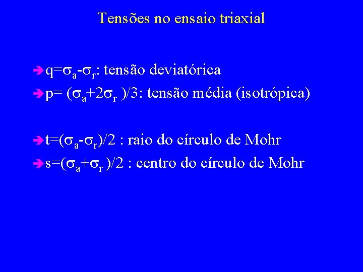 Tensões no ensaio triaxial è q=sa-sr: tensão deviatórica è p= (sa+2 sr )/3: tensão