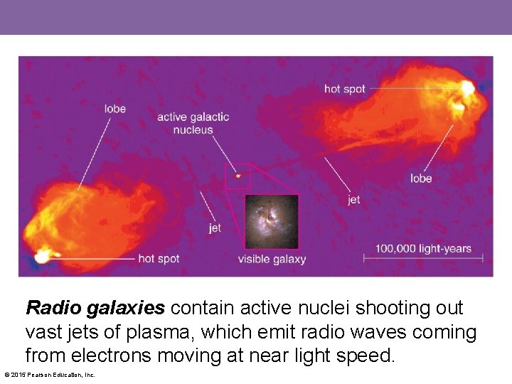 Radio galaxies contain active nuclei shooting out vast jets of plasma, which emit radio