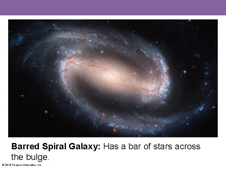 Barred Spiral Galaxy: Has a bar of stars across the bulge. © 2015 Pearson