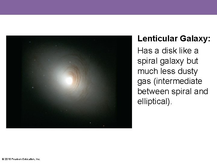 Lenticular Galaxy: Has a disk like a spiral galaxy but much less dusty gas