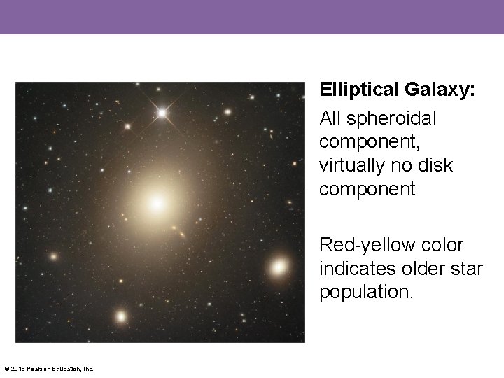 Elliptical Galaxy: All spheroidal component, virtually no disk component Red-yellow color indicates older star