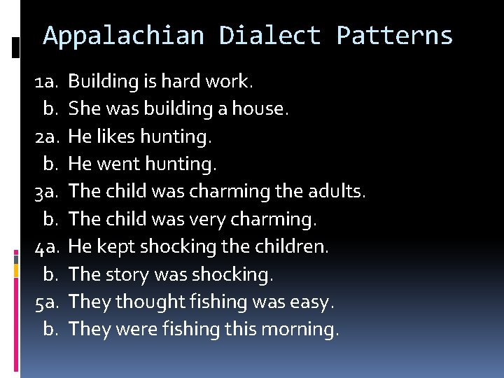 Appalachian Dialect Patterns 1 a. b. 2 a. b. 3 a. b. 4 a.