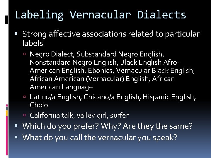 Labeling Vernacular Dialects Strong affective associations related to particular labels Negro Dialect, Substandard Negro