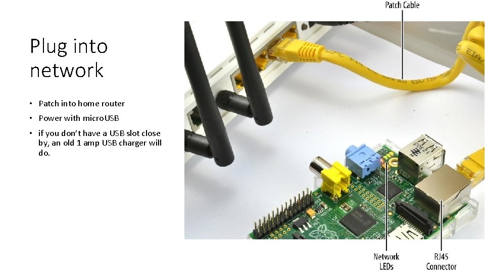 Plug into network • Patch into home router • Power with micro. USB •