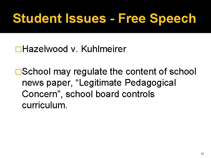Student Issues - Free Speech �Hazelwood v. Kuhlmeirer �School may regulate the content of