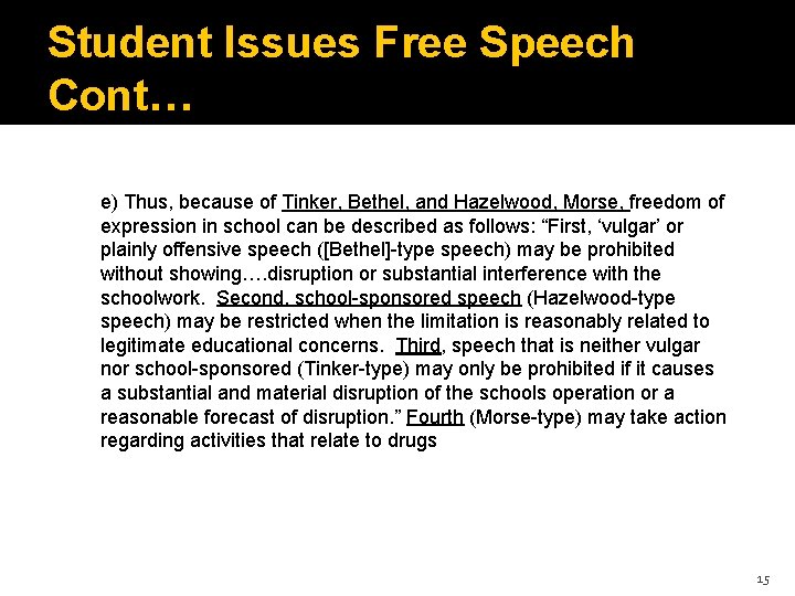 Student Issues Free Speech Cont… e) Thus, because of Tinker, Bethel, and Hazelwood, Morse,