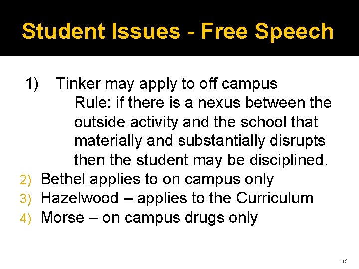 Student Issues - Free Speech 1) Tinker may apply to off campus Rule: if