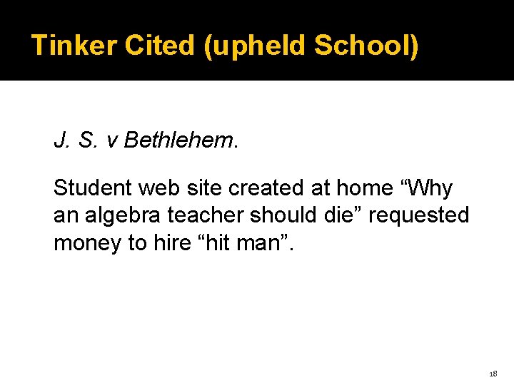 Tinker Cited (upheld School) J. S. v Bethlehem. Student web site created at home