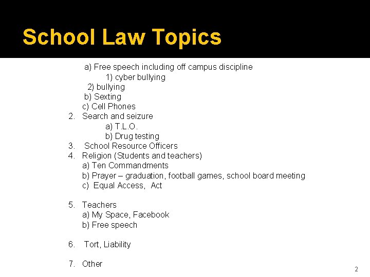 School Law Topics 1. Students a) Free speech including off campus discipline 1) cyber