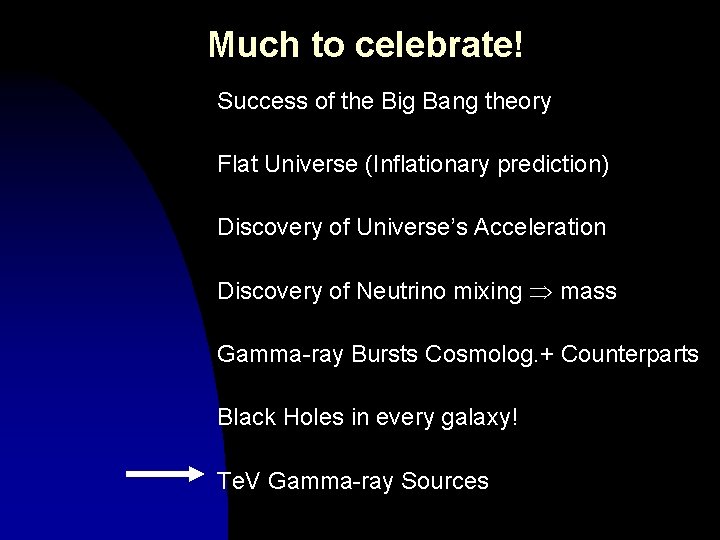 Much to celebrate! Success of the Big Bang theory Flat Universe (Inflationary prediction) Discovery