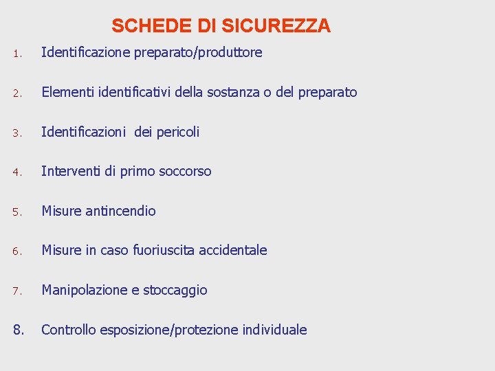 SCHEDE DI SICUREZZA 1. Identificazione preparato/produttore 2. Elementi identificativi della sostanza o del preparato