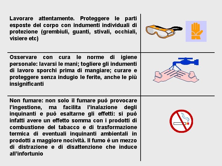 Lavorare attentamente. Proteggere le parti esposte del corpo con indumenti individuali di protezione (grembiuli,