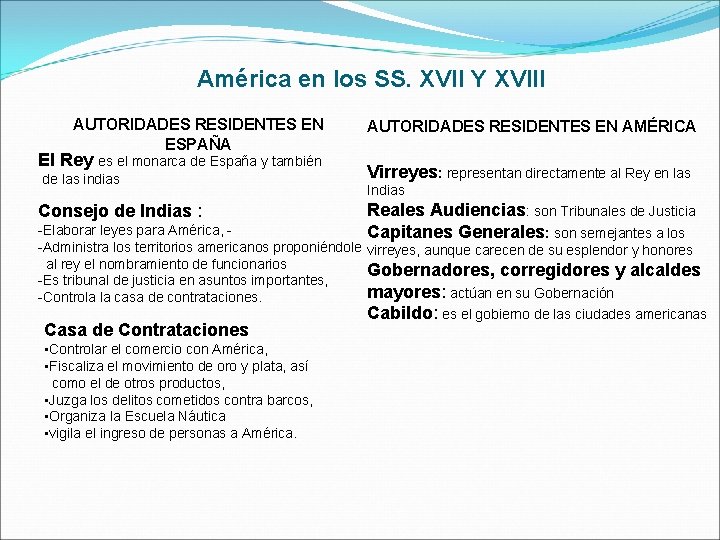 América en los SS. XVII Y XVIII AUTORIDADES RESIDENTES EN ESPAÑA El Rey es