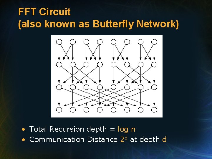 FFT Circuit (also known as Butterfly Network) • Total Recursion depth = log n