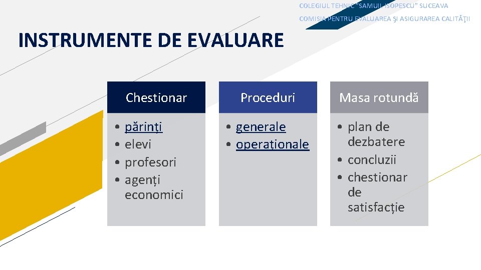 COLEGIUL TEHNIC ”SAMUIL ISOPESCU” SUCEAVA COMISIA PENTRU EVALUAREA ŞI ASIGURAREA CALITĂŢII INSTRUMENTE DE EVALUARE