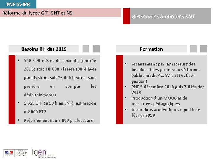 PNF IA-IPR Réforme du lycée GT : SNT et NSI Ressources humaines SNT Besoins