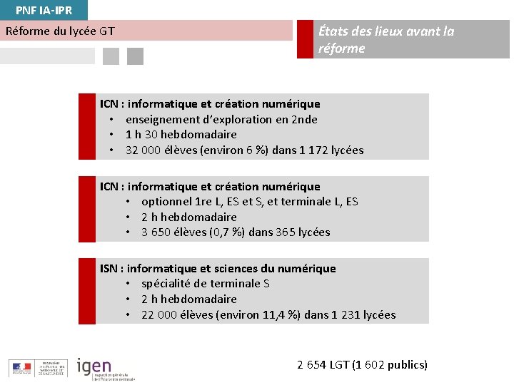 PNF IA-IPR Réforme du lycée GT États des lieux avant la réforme ICN :