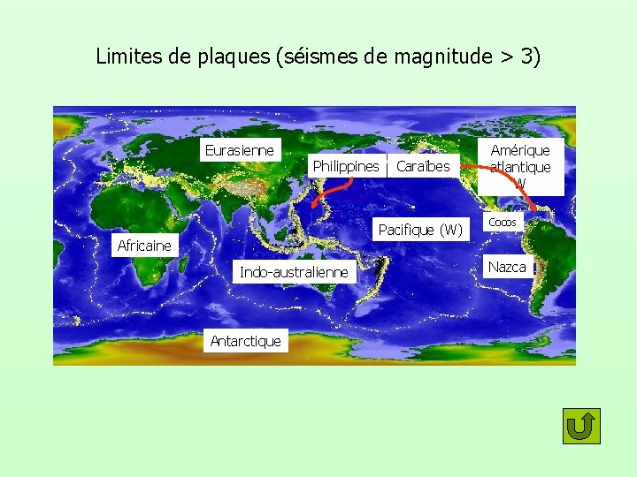 Limites de plaques (séismes de magnitude > 3) Eurasienne Philippines Caraïbes Pacifique (W) Africaine