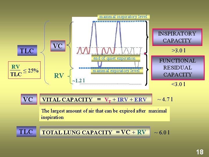 maximal inspiratory level TLC INSPIRATORY CAPACITY VC >3. 0 l end of quiet expiration