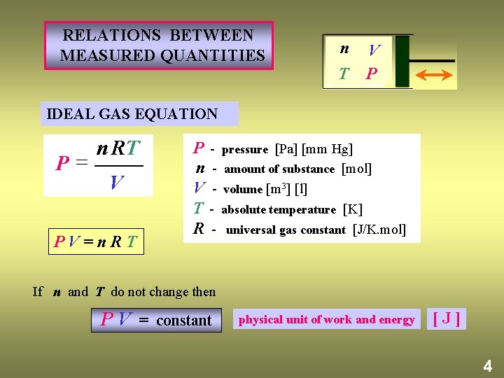  RELATIONS BETWEEN n V MEASURED QUANTITIES T P IDEAL GAS EQUATION P= n