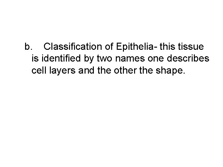 b. Classification of Epithelia- this tissue is identified by two names one describes cell