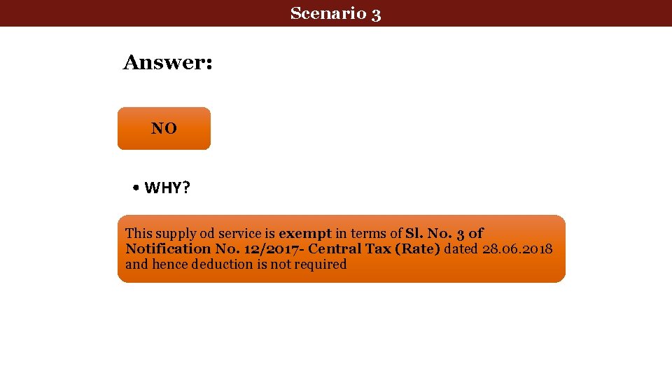 Scenario 3 Answer: NO • WHY? This supply od service is exempt in terms