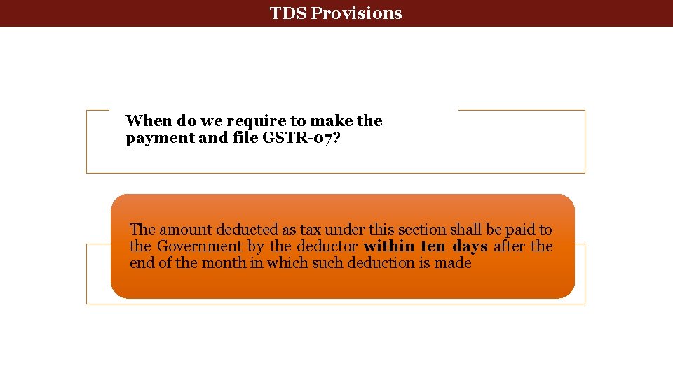 deduction at source-Return Tax Deducted. Tax at Source TDS Provisions. GSTR-07 When do we